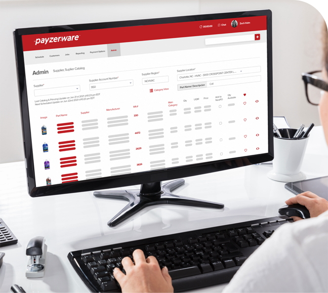 Order from suppliers with Payzerware's supplier catalog. A woman is sitting at her computer, viewing the supplier catalog portal inside of Payzerware. From this screen she can add parts to a purchase order and order from her supplier.