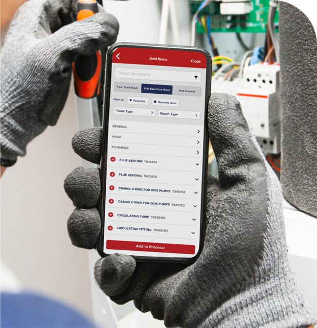 A person wearing protective work gloves is holding a mobile phone with a software platform pulled up. The screen is showing a flat rate pricebook that the worker can add items from in order to create a proposal for their customer.